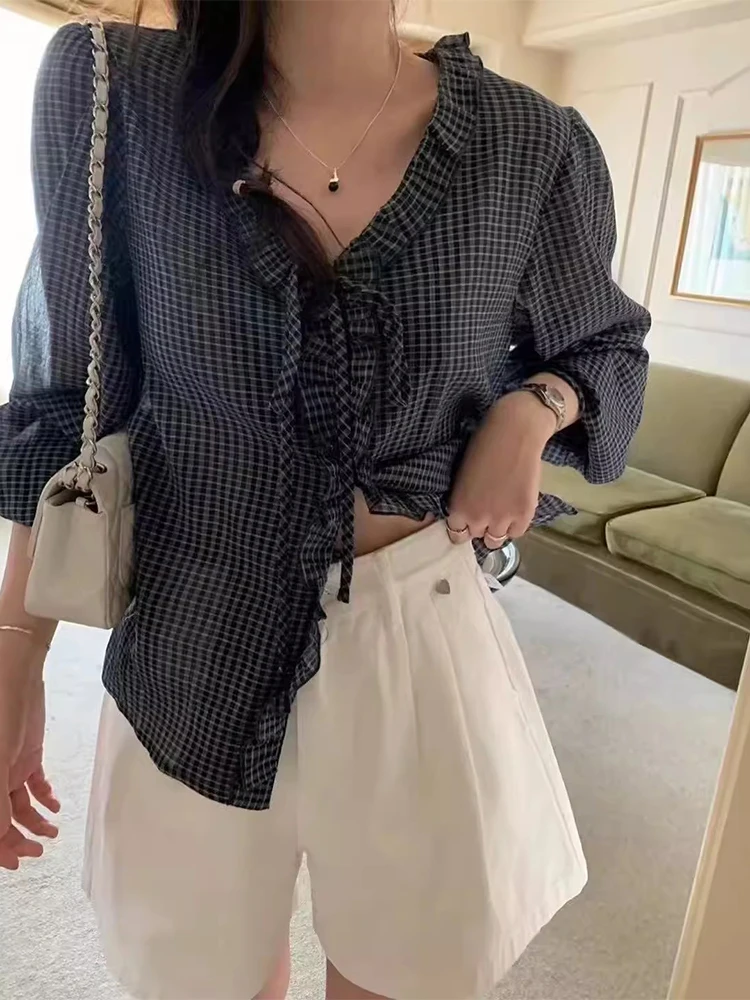 

Korejpaa Women Shirt Sweet Fungus Strap V-neck Checkered Shirts Early Autumn New French Style Long Sleeve Top Camisas Blusas