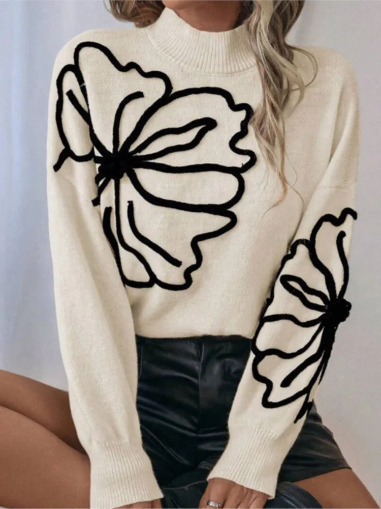 

Sweater Women's Embroidered Three-dimensional Large Flower Turtleneck Pullover Long-sleeved Sweater All-match Loose Simple Style