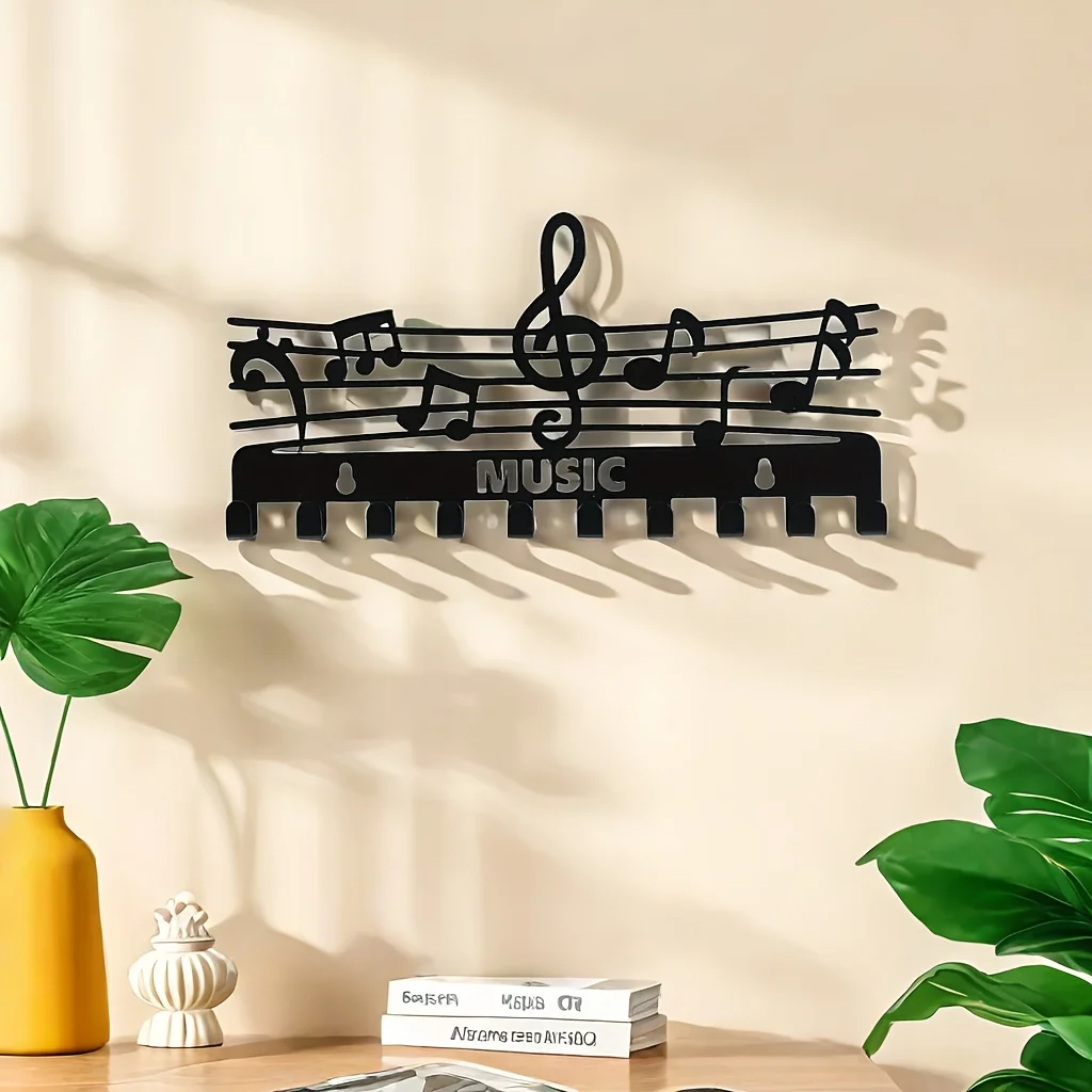 [Rack de decoración del hogar pintado creativo] 1 estante de gancho para llaves de notas musicales de hierro negro, organizador de almacenamiento multifuncional montado en la pared