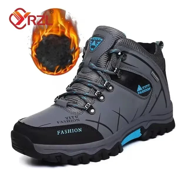 

YRZL Men Plush Hiking Shoes Winter High Quality Comfortable Outdoor Non Slip Warm Boots Waterproof Leather Ankle Boots Men