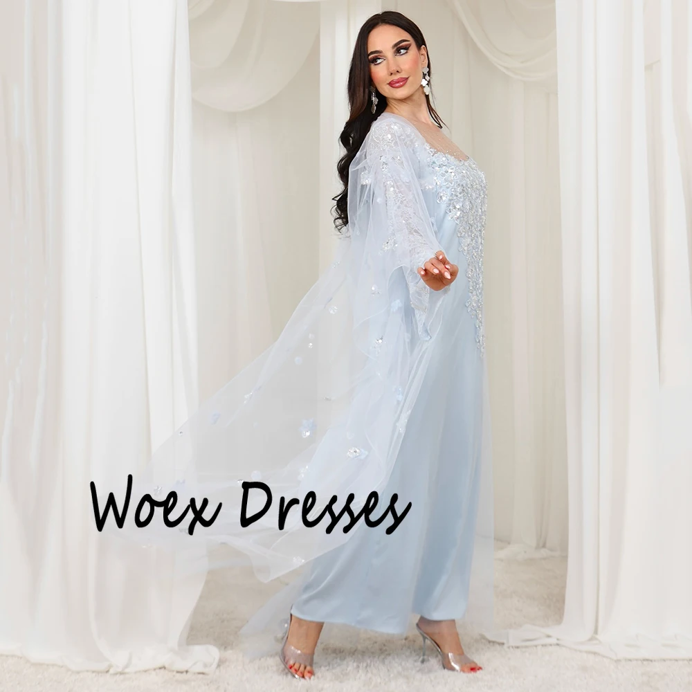 Vestido de noche personalizado de Jersey con cuello cuadrado azul cielo, Apliques de encaje con capa de tul, vestido de fiesta de manga larga hasta el tobillo