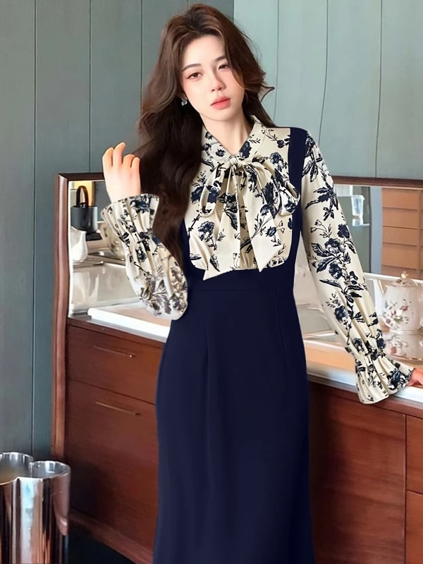 

Весна 2026: Женское платье с длинным рукавом, имитация двух частей, с завышенной талией, А-силуэт, юбка-трапеция, для офиса/повседневной носки