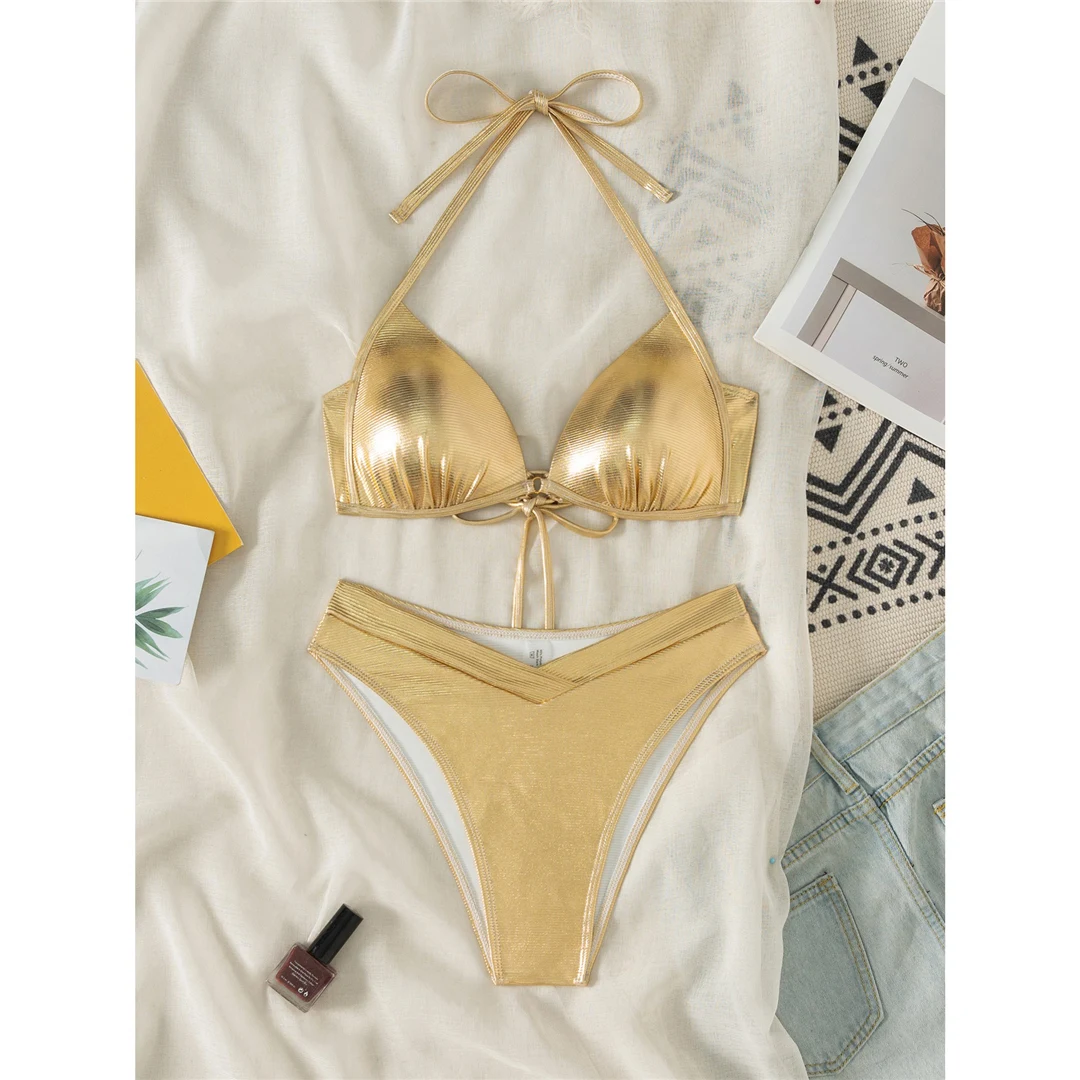 Goldener, sexy Bikini aus Kunstleder, hoch geschnitten, zweiteiliger Bikini-Set, Damen-Badeanzug, Badebekleidung, Badeanzug, Schwimmkleidung V6409 – Detail 5