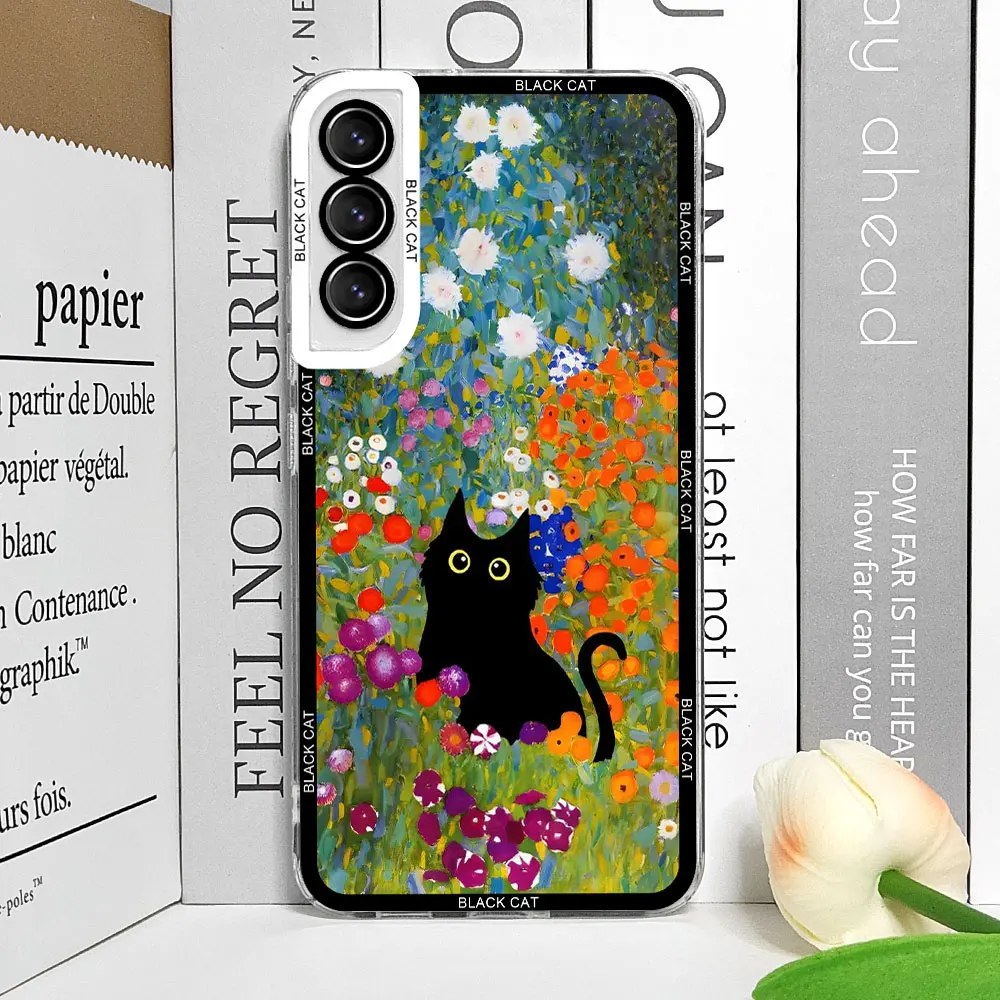 Retro Oil Painting Van-Gogh Flower Art Cat Phone Case for Samsung Galaxy S24 S23 Ultra S22 Plus S21 S20 FE 5G Clear Cover Fundas