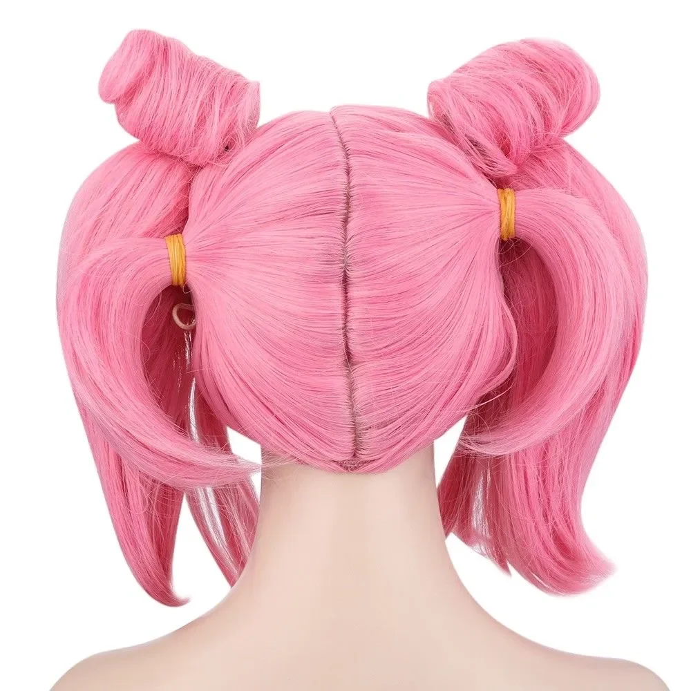 Harajuku-pelucas de cosplay con coletas para mujer, pelo de Anime de doble moño, color rosa medio, tipo dividido