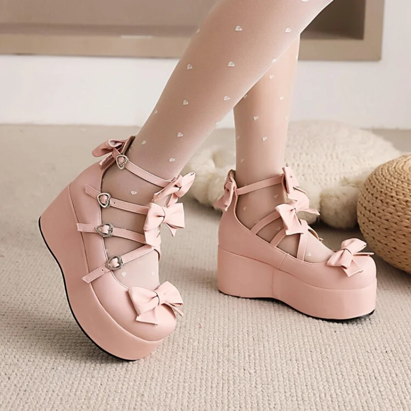 Big Size 33-43 New Ladies Platform Lolita Pumps Fashion Bow Buckle Wedges High Heels women\'s Mary Janes Pumps Sweet Woman Shoes