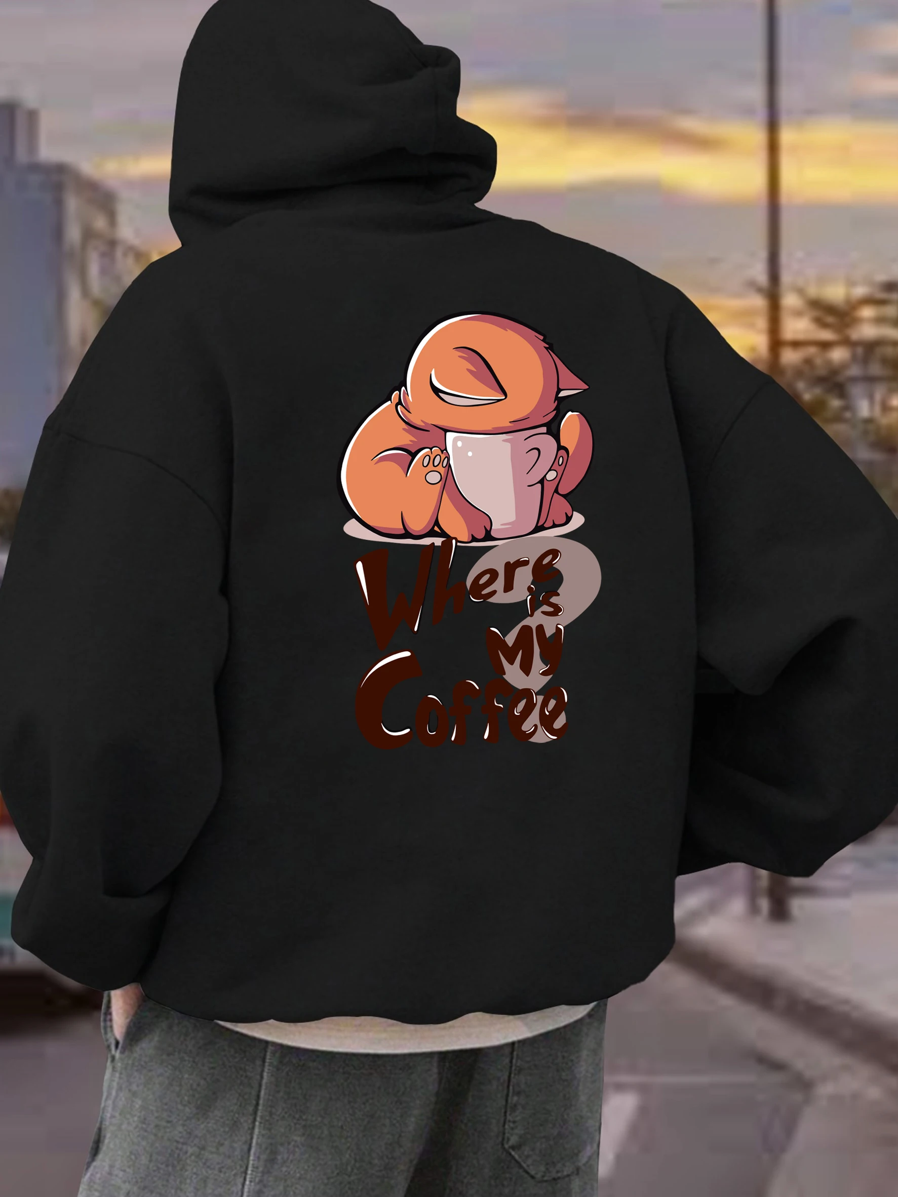 أين بلدي القهوة القط متعة الطباعة هوديس الذكور جيب عارضة الشارع الشهير الخريف الهيب هوب رجل البلوز الصوف مريحة هودي