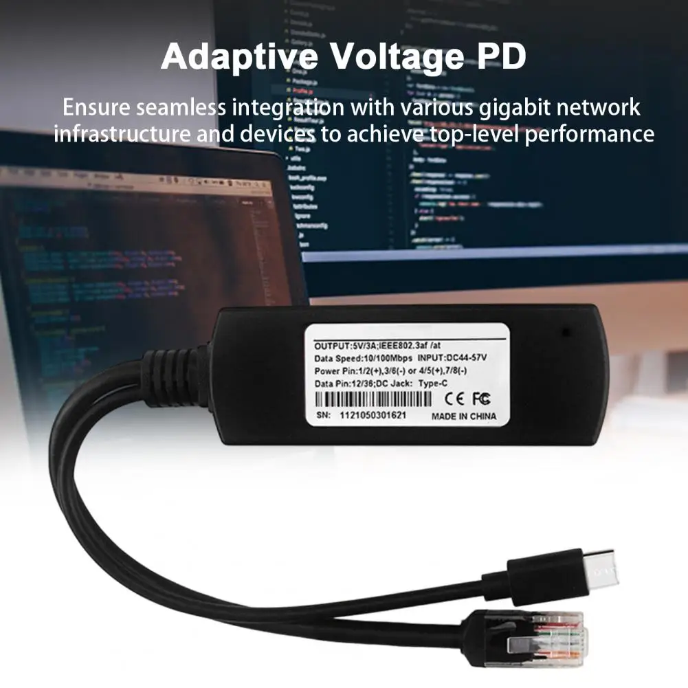 Gigabit POE Splitter 5V 3A Type-C RJ45 IEEE802.3af/at Compliant 10/100/1000Mbps Power Over Ethernet Splitter Adapter