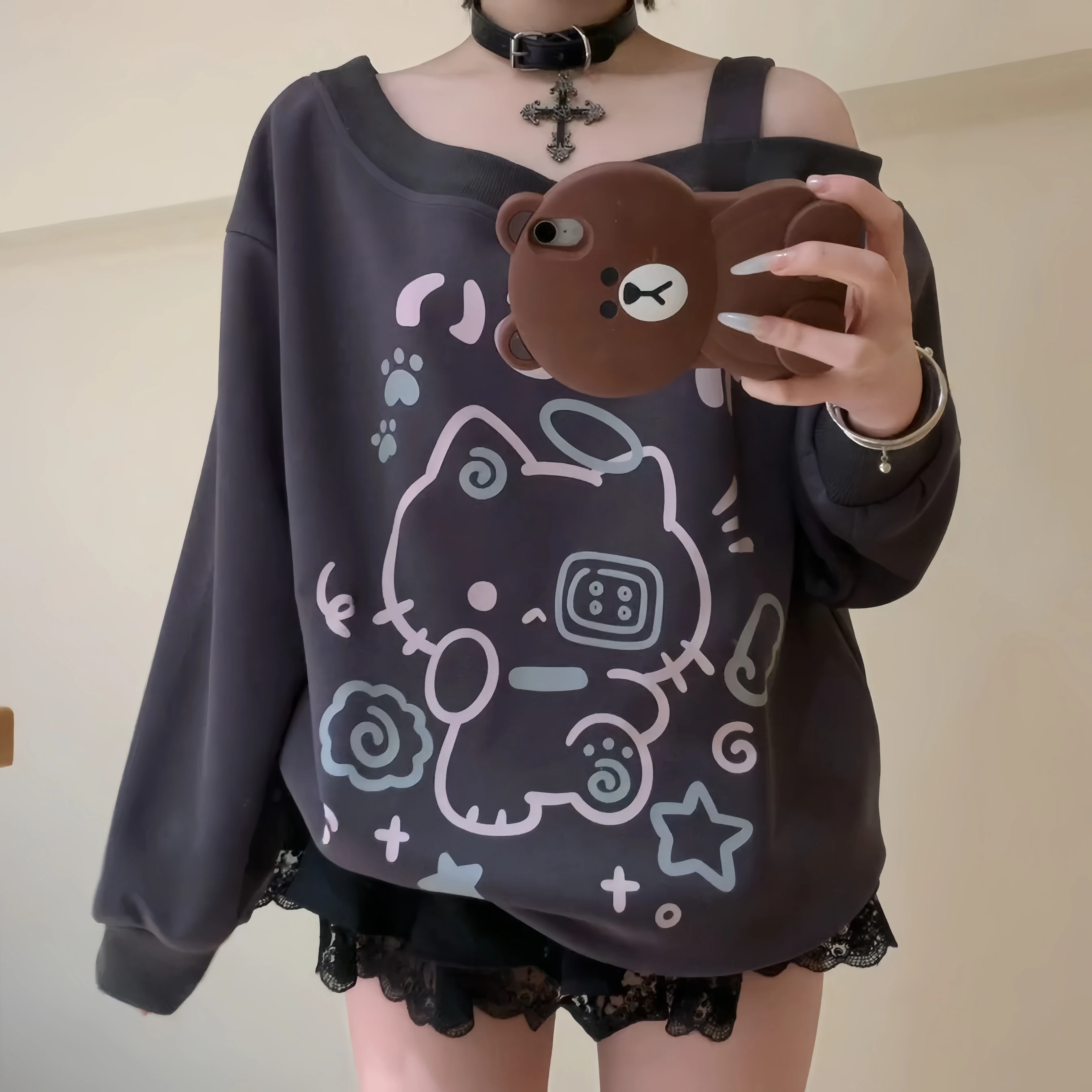 Bonito oulder Bared Long Sve round Ne Quadri-color Moletom solto ajuste confortável algodão poliéster primavera feminino Swea...