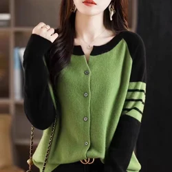 autumn and winter round neck cardigan, color blocked knit versatile loose sweater jacket, fashionable and trendy autumn top