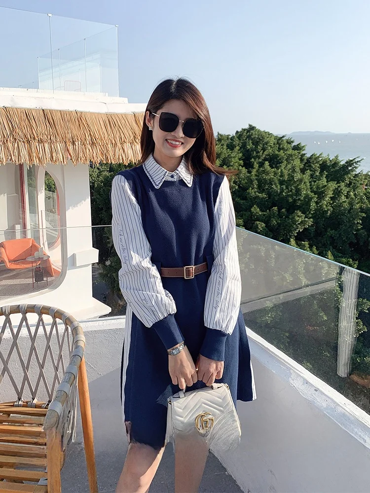 

Spring Commute Women's Knitted Patchwork irt Dr 6 Sles 030 A-Line Long Dr Collar High Waist Long Sve
