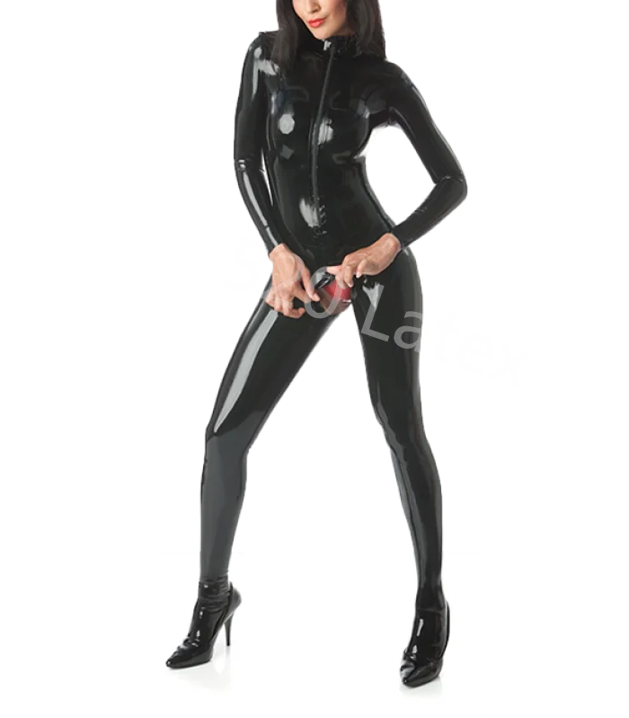

100% Natural Latex Catsuit Long sleeves with Crotch Zipper and Socks and Front Zipper High Neck Party Wear Customize Bodysuit