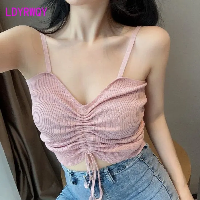 

camisole ，Nude pink thin shoulder strap strap with sexy drawcord inside V-neck exposed navel knitted bottom vest Tanks