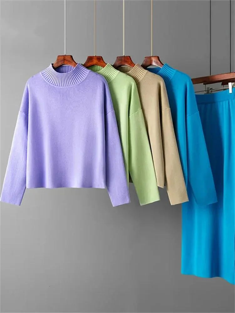 

Модный осенний свитер, костюмы из двух предметов, женские свободные теплые пуловеры + длинная юбка с разрезом, зимние повседневные вязаные комплекты