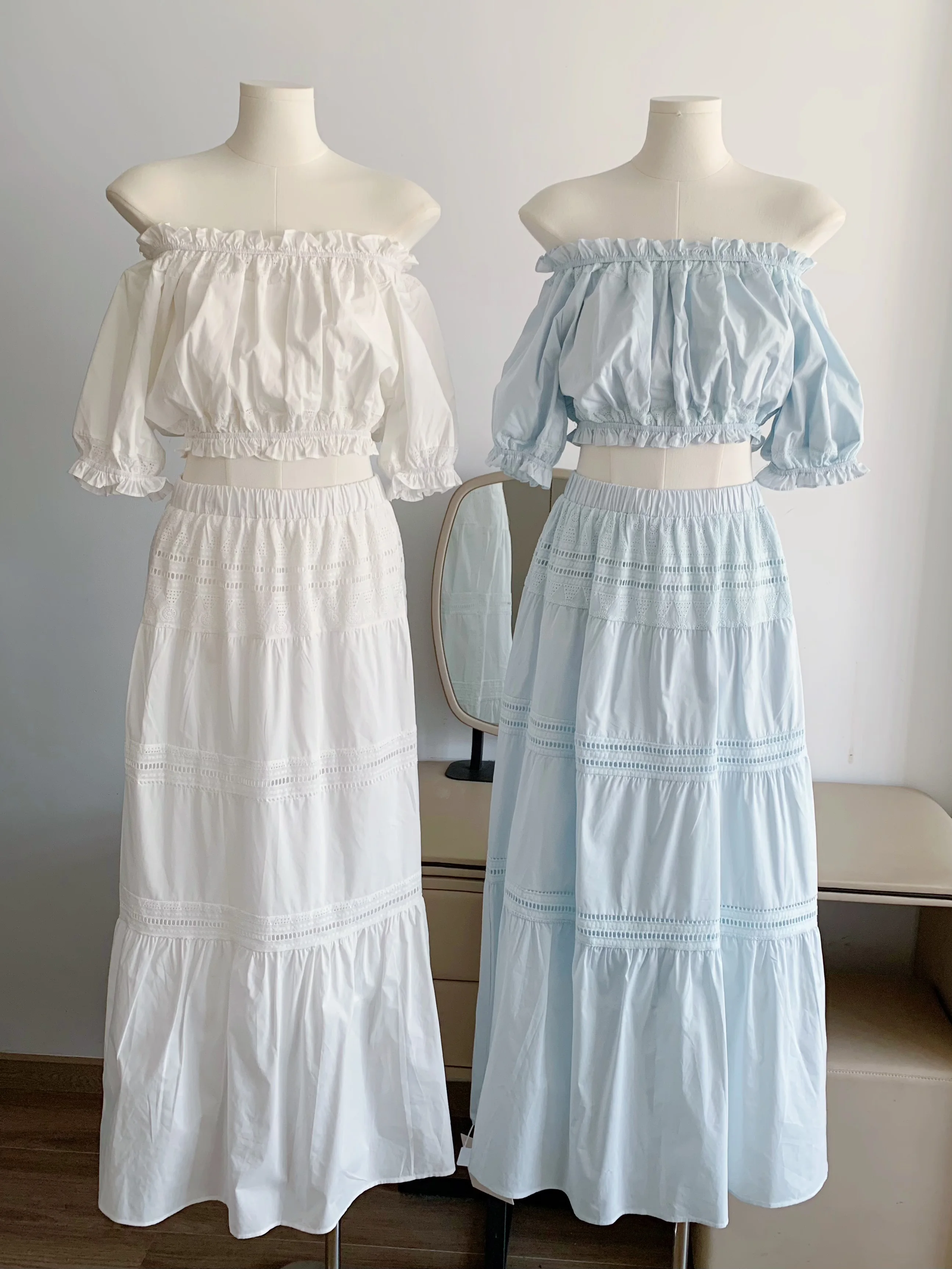 

Women's Casual Two Pieces Skirt Suit Lady Summer Solid Color Puff Sleeve Off Shoulder Short Blouse + A Line Long Skirt
