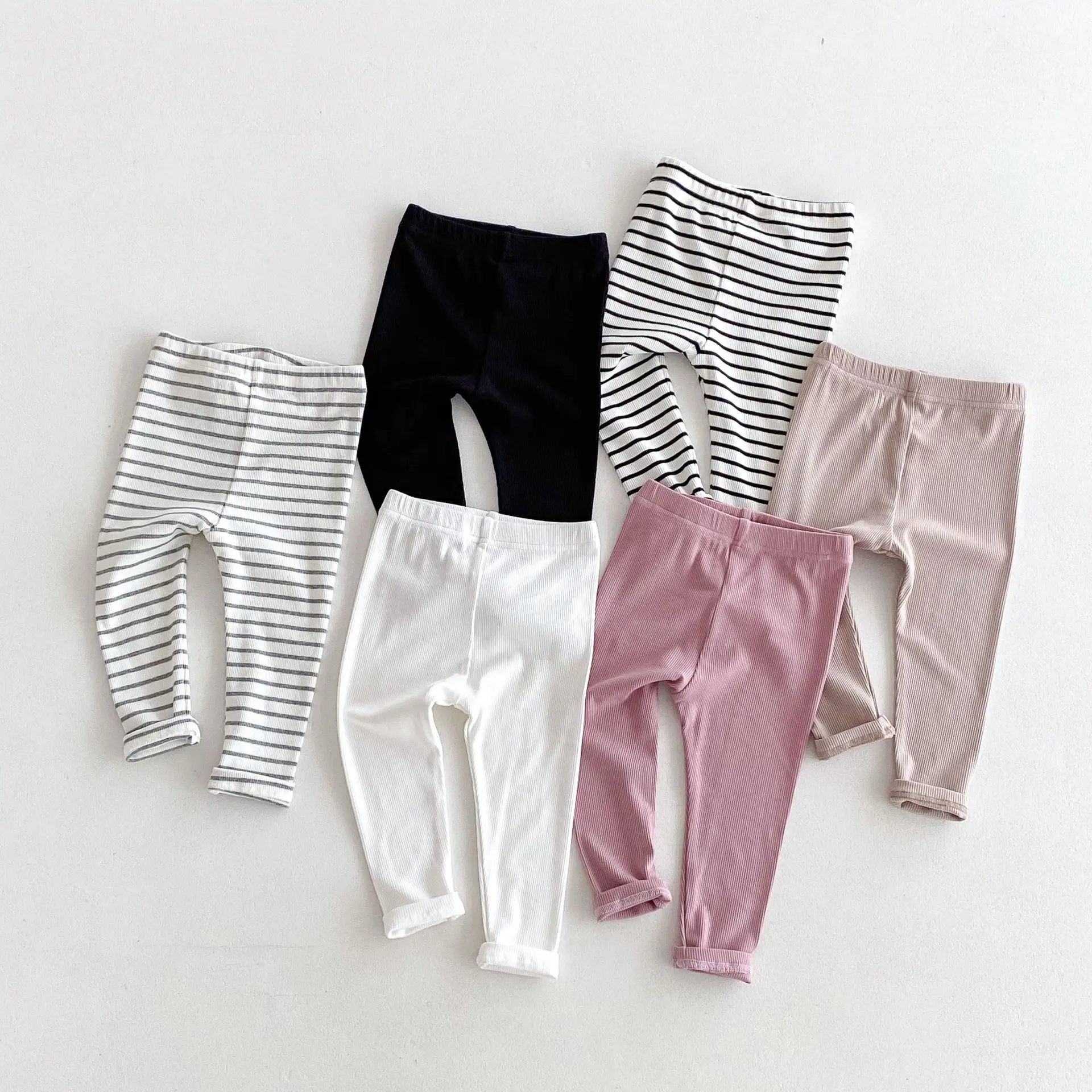 2024 Autumn New Children Solid Leggings Kids Tights Boys Girls Cotton Stretch Pants Striped Toddler Casual Versatile Trousers