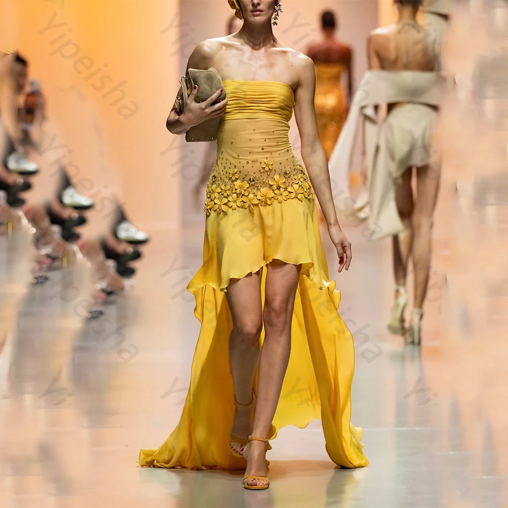 

Индивидуальные высококачественные желтые вечерние платья из крепа без бретелек с бисером, А-силуэт, в пол, для торжественных мероприятий