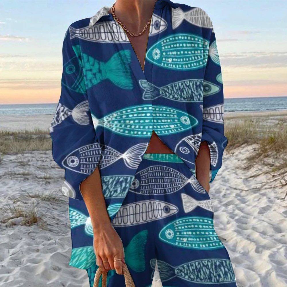 Luxury Sardines Printed Beachwear 2025 New V-Neck Casual Shirt Women's High Waist Straight Pants