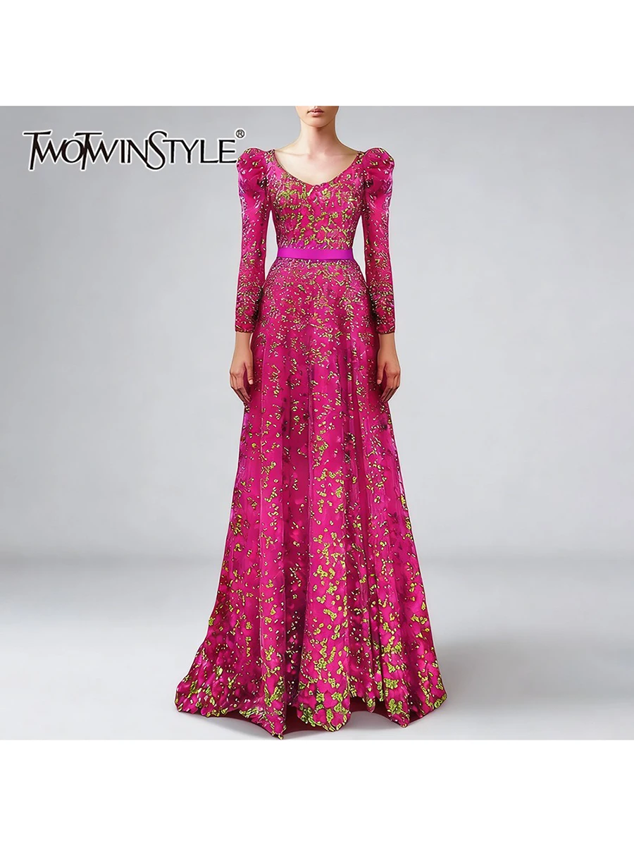 

TWOTWINSTYLE Hit Color Spliced Sequins Fashion Dresses for Women V Neck Long Sleeves Patchwork Shirring Temperament Dress Female