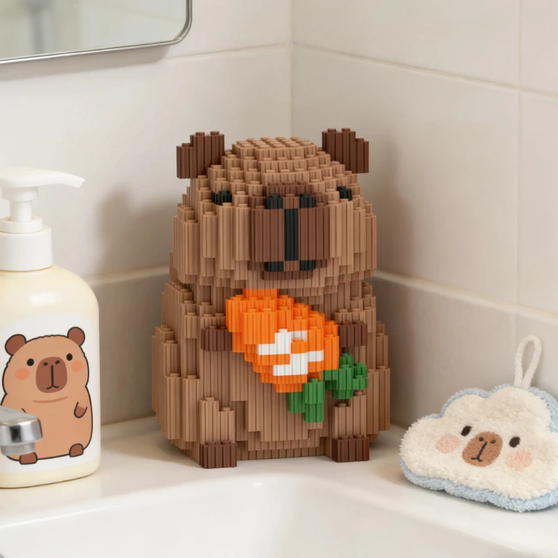 

Cute Capybara Holding Carrot Building Blocks DIY Assembly Toy Kawaii Animal Desktop Ornament Creative Collectible Figurine Gift