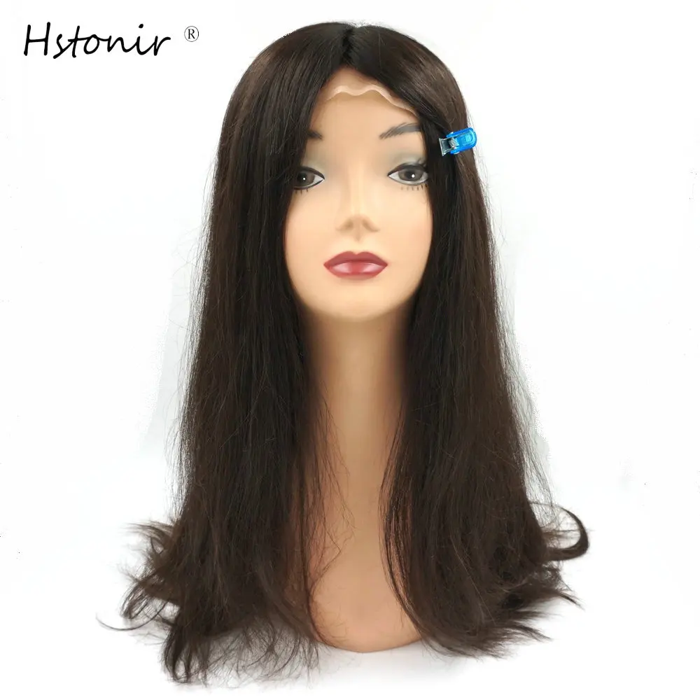 Hstonir-Perruque lisse européenne en silicone, qualité Remy, sans colle, avec bonnet en dentelle suisse, anti-connexion, pour les patients, Y-G038