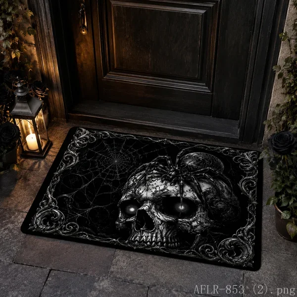VIKAMA Gothic Skull Spider Halloween Doormat Non Slip Indoor Outdoor Rug Dark Spooky Front Entrance Welcome Decor Door Mat Rug