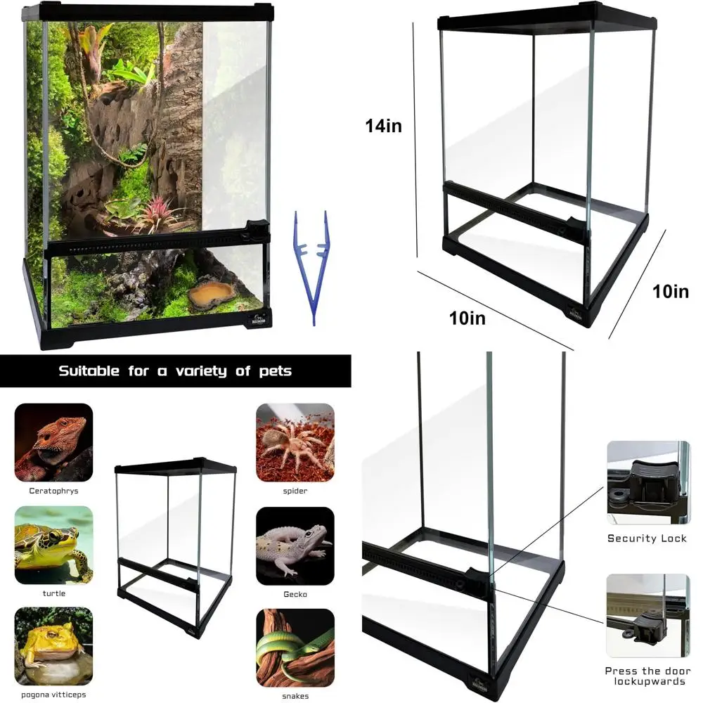 

Leopard Gecko Tarantula Habitat Cage, 10x10x14 Inch Glass Terrarium Tank with Front Door, Ideal for Amphibians, Lizards, Hermit