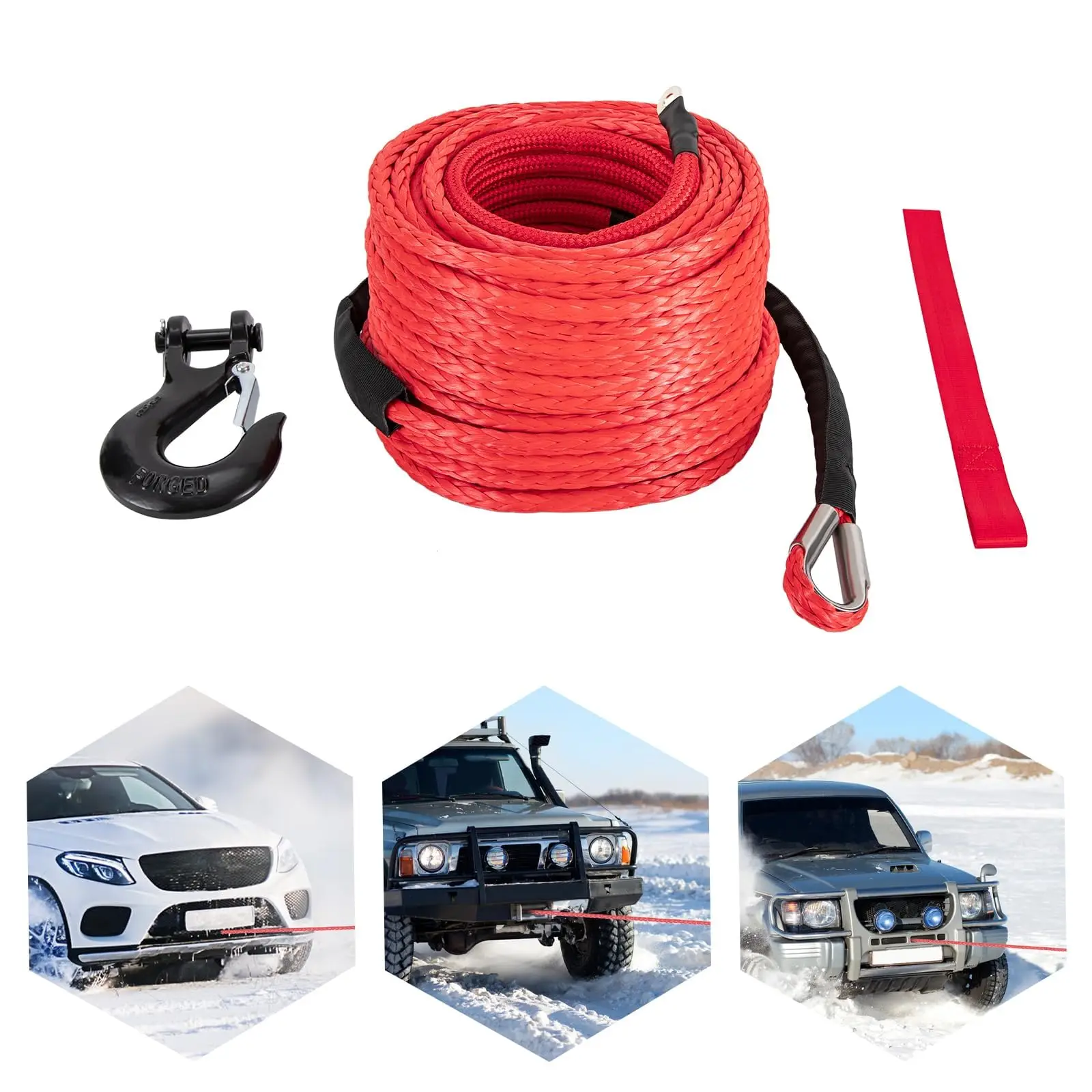 合成ウインチロープ、3/8インチ x 100フィート合成ロープウインチ、233、809ポンドウインチロープケーブルキット、安全プルストラップ付きウインチライン