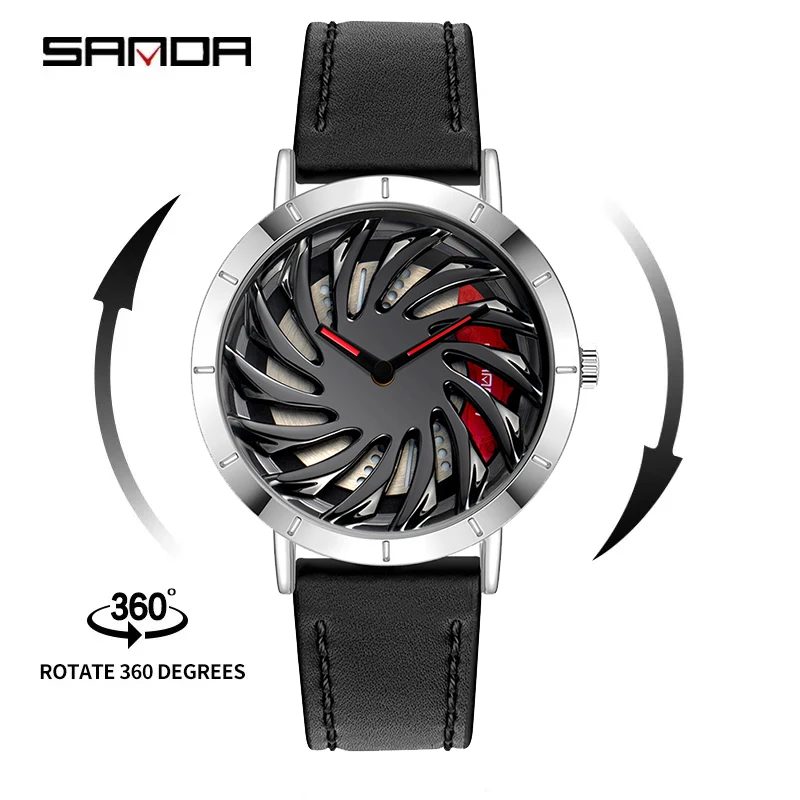 

SANDA P1056 Fashion Design Watches Super Car Rim Wheel Waterproof Creative Genuine Leather Strap Men's Watch Relogio Masculino