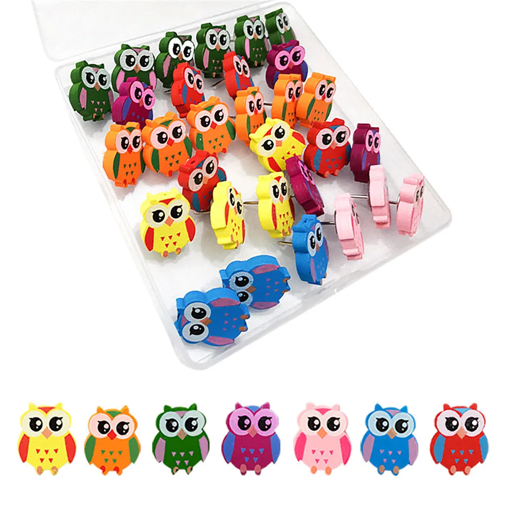 30pcs Owl Shape Thumbtacks Push Pins Colored Drawing Photo Wall Studs Cork Board Pins Photo Thumb Office School Accessories