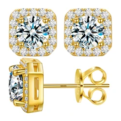 Square Stud Earrings Women Total 2ct Moissanite Diamond 18K Gold Plated S925 Silver Wedding Engagement Jewelry with Certificate