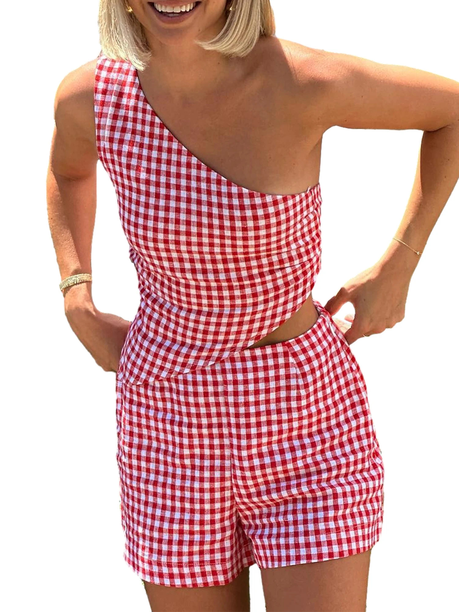 Women’s Casual 2 Piece Outfits Sleeveless One Shoulder Tank Tops High Waist Shorts Set Loungewear