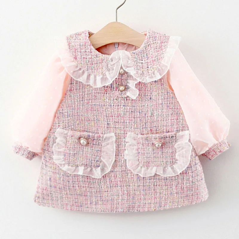 

Spring Autumn Kids Clothes Girls Korean Fashion Plaid Long Sleeve Mesh Pink Baby Princess Dress Luxury Birthday Dresses B229