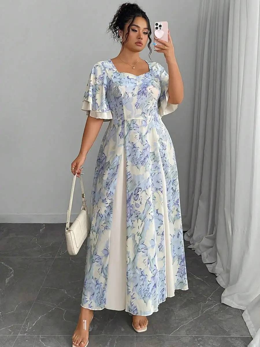 Plus Size Floral Print Square Neck Flutter Sleeve A-Line Midi Dress view 2