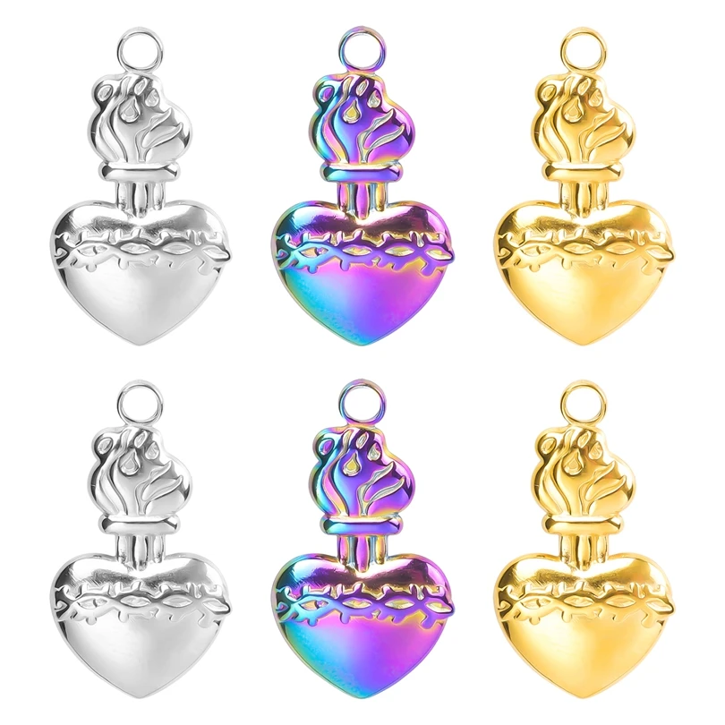 6Pcs/Lot Stainless Steel Christian Sacred Heart Charms Mexico Milagro Flame Love Pendant For Diy Goth Women Necklaces Jewelry