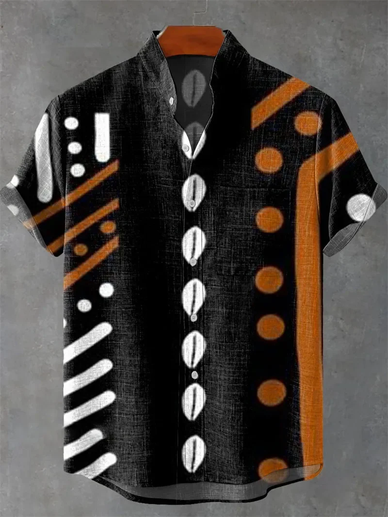 New Men's Ethnic Style 3D Printing Design Casual Vacation Linen Top Shirt Hawaiian Beach Lapel Short-sleeved Breathable Fashion