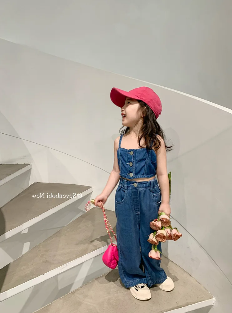 Kids Clothing Girls 2 Pieces Sets Suspender Pants Sleeveless Jeans Wide Leg Solid Color Button 2023 Summer New Fashion Cute