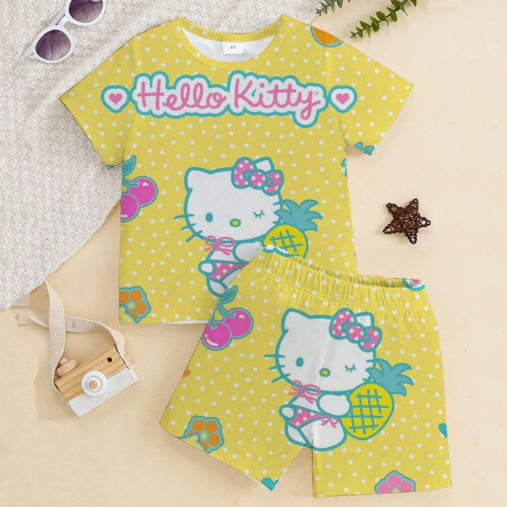 

Summer Children Hello Kitty Print T-shirt+Shorts Cute Charming Anime Boys Girls 3-12Yrs Round Collar Top Sports Sunny Casual Set