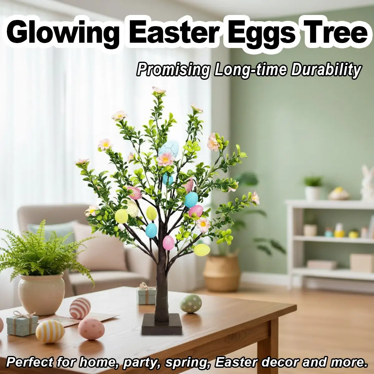 Glowing Easter Eggs Tree 60cm LED Light with Bendable Branches and Cracked Eggs Battery Operated Festive Ornament for Home Party