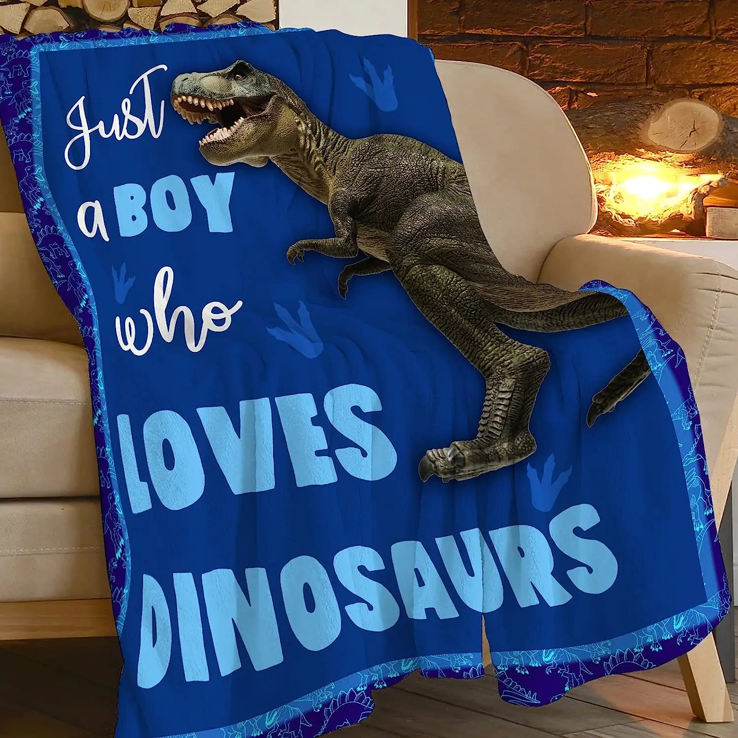 Dinosaur Blanket for Boys Just A Boy Who Loves Dinosaurs Throw Blanket Super Soft Flannel Cozy Blue Cute Dino Blanket