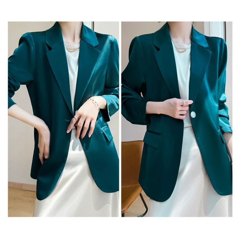 

Women Thin Suits for Spring Satin Acetate Blazers Sun Protection Summer Lady Soft Loose Professional Clothing Lapel Office Coats