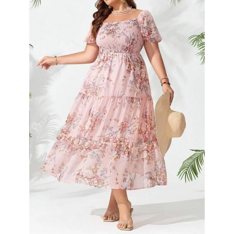 Minivestido de talla grande con estampado de volantes y mangas aleteadas para mujer, vestido informal con cuello cuadrado para vacaciones en la playa y vacaciones