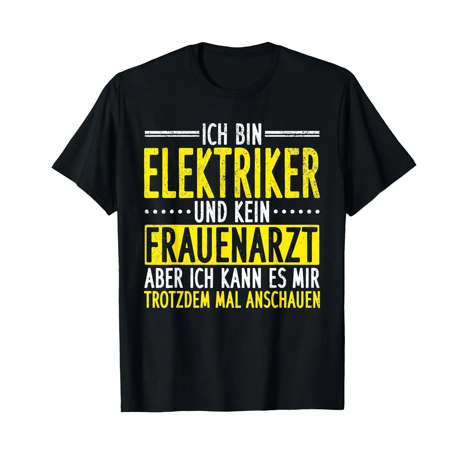 Футболка с немецким текстом «Ich bin Elektriker und kein Frauenarzt», черная, винтажная, с эффектом потертости, модная, дышащая, слегка унисекс, мужская.
