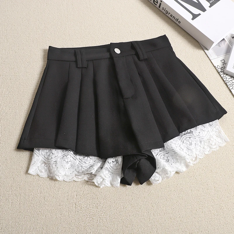 

Gagarich Korean Anti Glare Pleated Suit Shorts Women Summer 2025 New Lace Patchwork Fake Two-piece Skirt Shorts