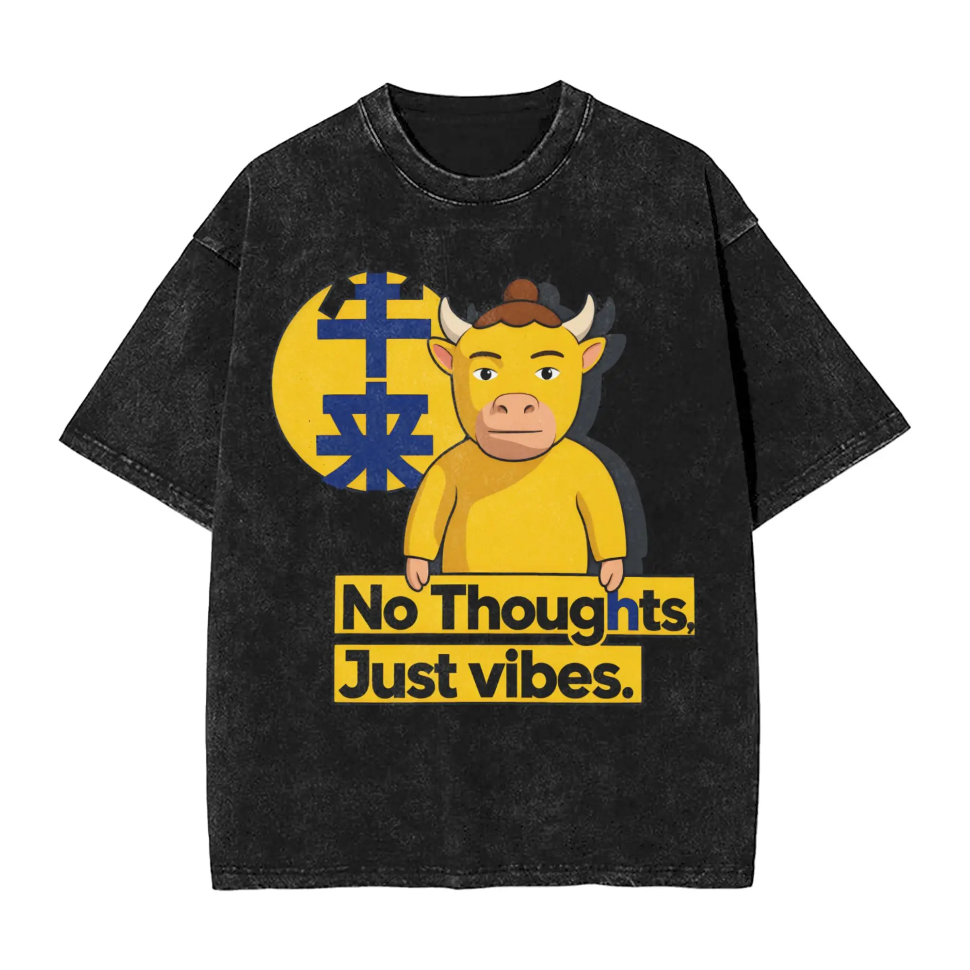 Washed T Shirt No Thoughts Just Vibes Niu Lai Ox  Hip Hop Vintage T-Shirt Oversize  Streetwear Short Sleeve Summer Tops Tees Men