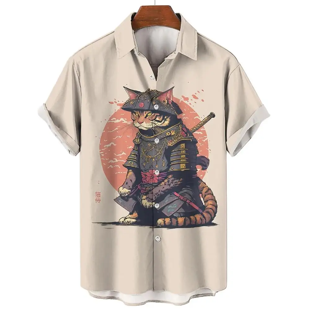 Unisex Men's Hawaiian Shirts 3D Prints Vintage  Japanese Samurai Cat Graprhics Shirts Harajuku Short Sleeve Tee Tops For Boys