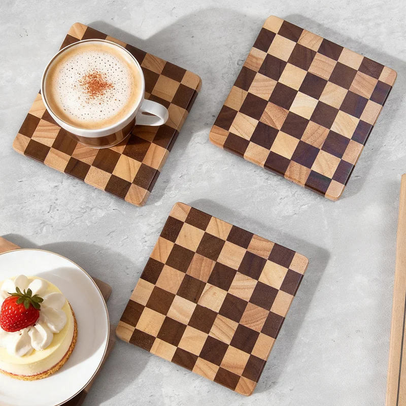 Schachbrettmuster Holzscheiben-Untersetzer für Tee, Kaffee und Getränke, DIY-Tischdekoration, Langlebige Untersetzer für Zuhause