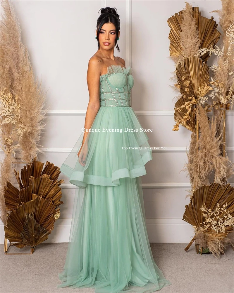 Qunque Long Mint Green Evening Dresses Tiered Slit Tulle Guest Prom Gowns Customized Elegant Ruffles Event Gown Vestidos De Gala