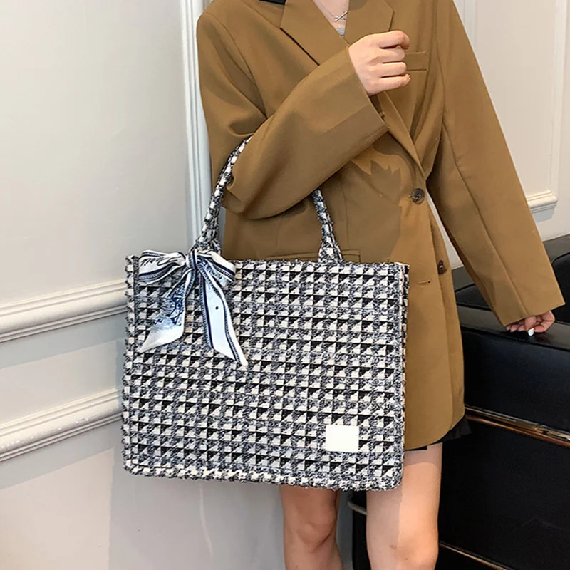 Large Square Plaid Canvas Tote Bag for Women