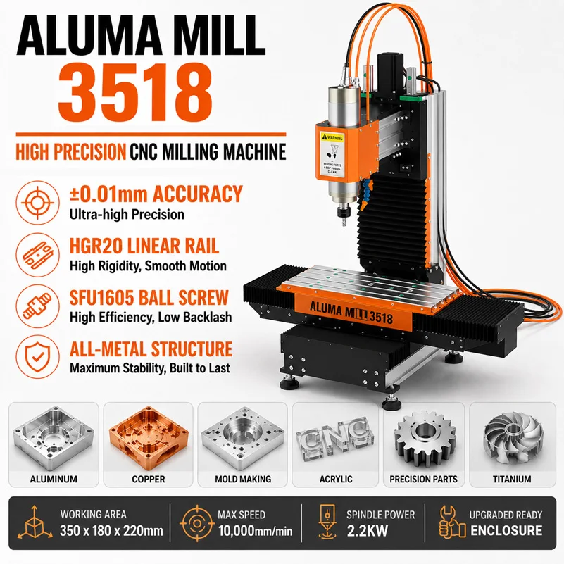 BulkMan3D ALUMA MILL 3518 3-Axis CNC Milling Machine Kit 2.2KW Spindle HGR20 Rail Ball Screw High Precision Desktop Engraver